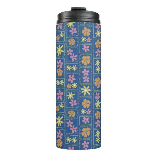 Bouteilles Isothermes Fleur retro en patchwork bleu (Devant)