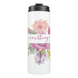 Bouteilles Isothermes Fleurs aquarelles rose et pêche personnalisées