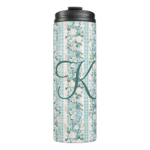 Bouteilles Isothermes Fleurs aquarelles roses et bleues Gingham Monogram