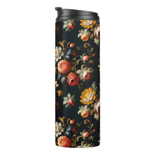 Bouteilles Isothermes Fleurs baroques ornées sur fond noir