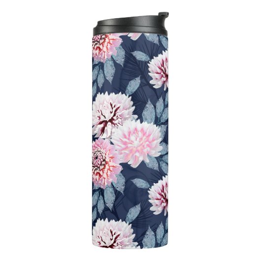 Bouteilles Isothermes Fleurs blanches et roses sur bleu foncé. (Tourné sur la gauche)