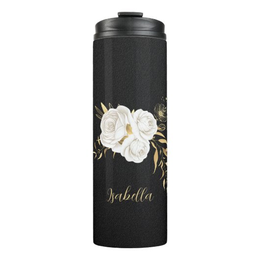 Bouteilles Isothermes fleurs blanches or feuille noir (Devant)