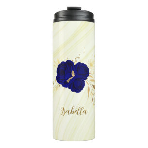 Bouteilles Isothermes fleurs bleu royal feuilles or marbre