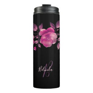 Bouteilles Isothermes Fleurs de cerisier rose 3D Nom noir Monogramme