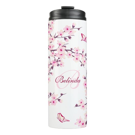 Bouteilles Isothermes Fleurs de cerisier rose Nom blanc Monogramme  (Devant)
