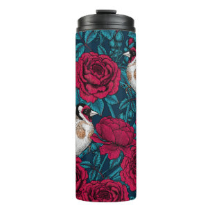 Bouteilles Isothermes Fleurs de roses rouges et oiseaux d'or