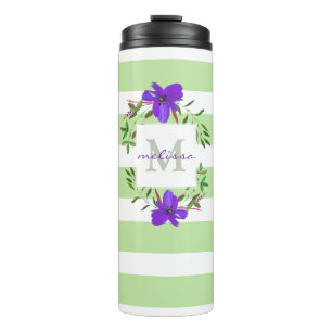 Bouteilles Isothermes Fleurs de violet peintes avec monogramme et rayure