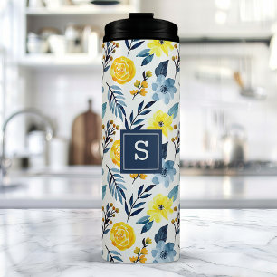 Bouteilles Isothermes Fleurs personnalisées bleu marine et jaune
