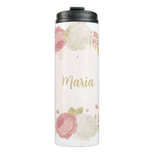 Bouteilles Isothermes Fleurs romantiques rose blanc & or