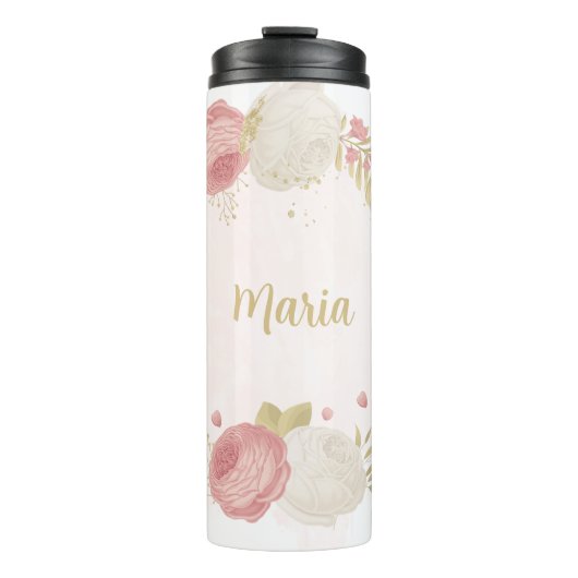 Bouteilles Isothermes Fleurs romantiques rose blanc & or (Devant)