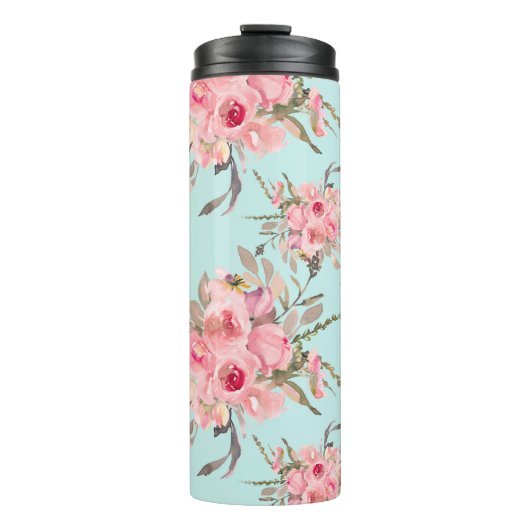 Bouteilles Isothermes Fleurs rose pâle sur bleu clair (Devant)