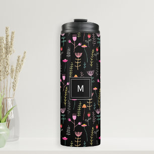Bouteilles Isothermes Fleurs sauvages néon sur fond noir, monogrammées