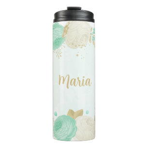 Bouteilles Isothermes fleurs vert menthe blanc or floral