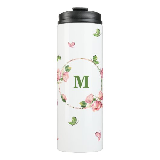 Bouteilles Isothermes fleurs vertes papillons rose chaud (Devant)
