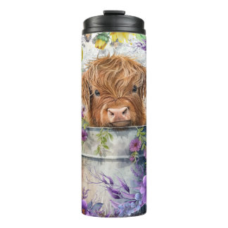 Bouteilles Isothermes Fleurs violettes avec vache des Highlands