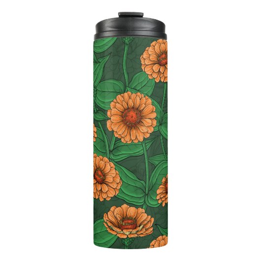 Bouteilles Isothermes Fleurs Zinnia orange, feuilles verts sur vert fonc (Devant)