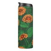 Bouteilles Isothermes Fleurs Zinnia orange, feuilles verts sur vert fonc (Tourné sur la droite)
