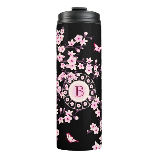 Bouteilles Isothermes Floral Fleurs de cerisier Monogramme rose noire (Devant)