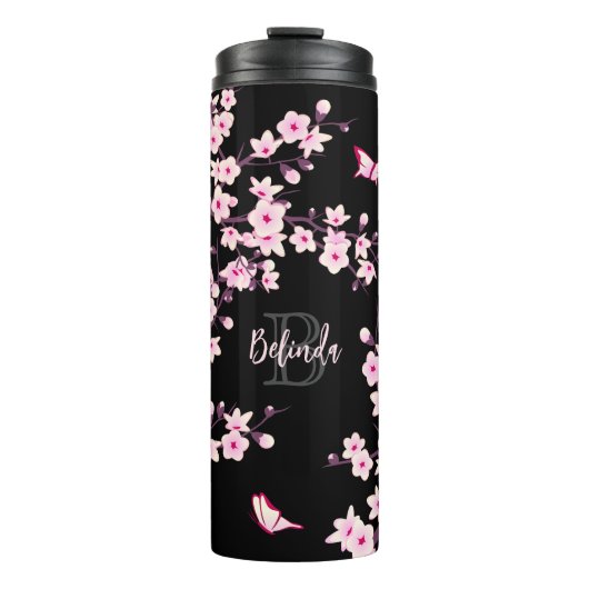 Bouteilles Isothermes Floral Fleurs de cerisier rose Nom noir Monogramme (Devant)