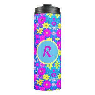 Bouteilles Isothermes Fond à motif de fleurs rose bleu jaune ajouter nom
