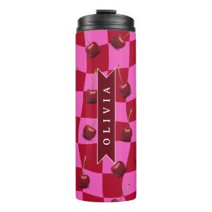 Bouteilles Isothermes Gingham Cerise Personnalisé Rétro Nom Personnalisé