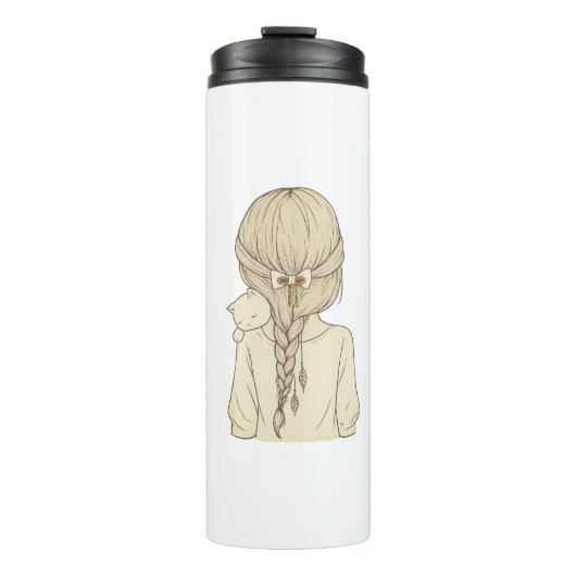 Bouteilles Isothermes Girl with Braid and Cat Illustration – Soft Pastel (Devant)