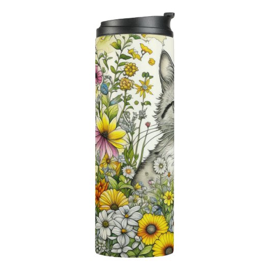 Bouteilles Isothermes Gray Kitty Chat assis en Fleurs (Tourné sur la gauche)