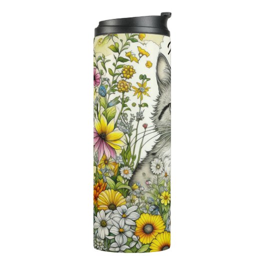 Bouteilles Isothermes Gray Kitty Chat assis en Fleurs (Tourné sur la gauche)