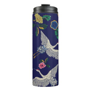 Bouteilles Isothermes Grues japonaises, vagues et fleurs. Broderie