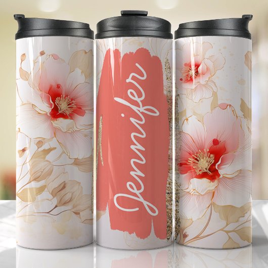 Bouteilles Isothermes Hibiscus Ajouter Nom Pêche Floral Custom Cadeau