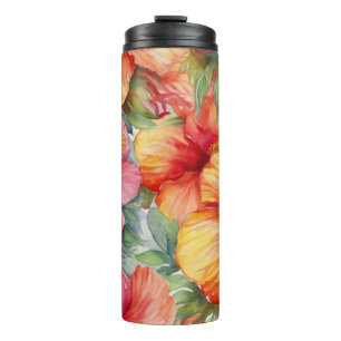 BOUTEILLES ISOTHERMES HIBISCUS TROPICAL À L'AQUARELLE ROSE ROUGE ORANGE