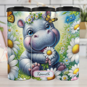 Bouteilles Isothermes Hippo bébé dans la prairie à fleurs avec papillons