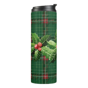 Bouteilles Isothermes Holly et Berries sur Green Christmas Plaid