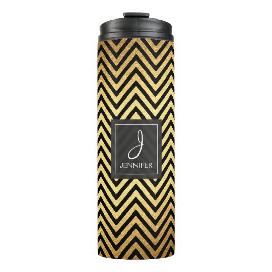 Bouteilles Isothermes Huile d'or et Motif noir Chevron Monogramme (Devant)