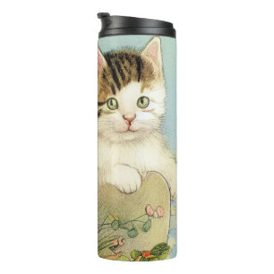 Bouteilles Isothermes Illustration vintage de chat avec fleurs roses
