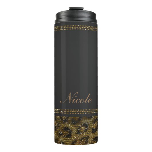 Bouteilles Isothermes Imprimé léopard guépard paillettes sequins noir et (Devant)