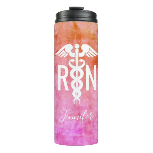 Bouteilles Isothermes Infirmière RN Rose Orange Aquarelle Médicale Monog