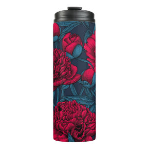 Bouteilles Isothermes Jardin de pivoine rouge sur bleu foncé