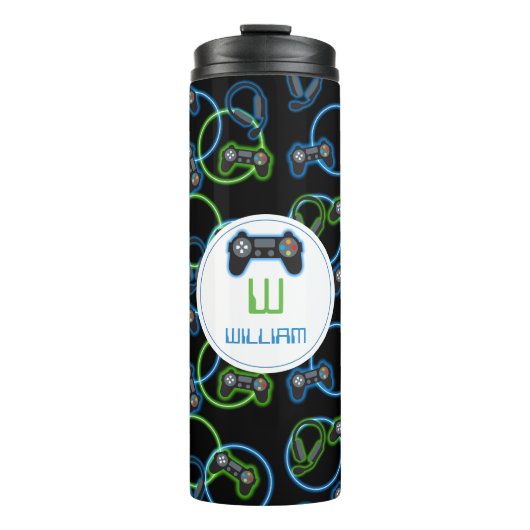 Bouteilles Isothermes Jeu vidéo Neon Blue & Green Motif Monogramme (Devant)