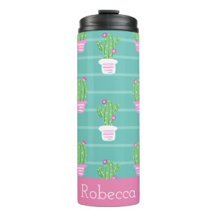 Bouteilles Isothermes Joli Cactus et rayures à fleurs roses   Monogramme