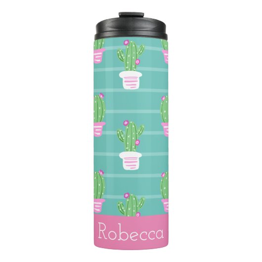 Bouteilles Isothermes Joli Cactus et rayures à fleurs roses | Monogramme (Devant)