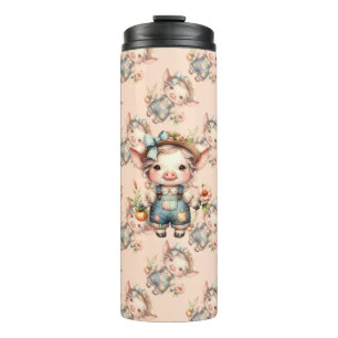 Bouteilles Isothermes Joli cochon Farmcore en salopette avec des fleurs
