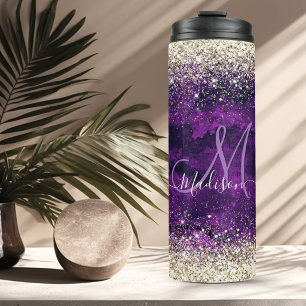 Bouteilles Isothermes Joli monogramme faux paillettes or violet foncé