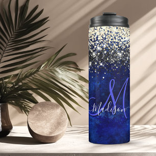 Bouteilles Isothermes Joli monogramme pailleté faux or bleu royal