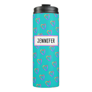 Bouteilles Isothermes Joli Motif de Cœur Coloré Turquoise avec Nom Fémin