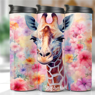 Bouteilles Isothermes Jolie Giraffe Face avec Fleurs Roses Tumbler