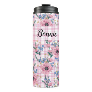 BOUTEILLES ISOTHERMES JOLIES FLEURS ROUGES PASTEL AVEC MOTIFS À CARREAUX