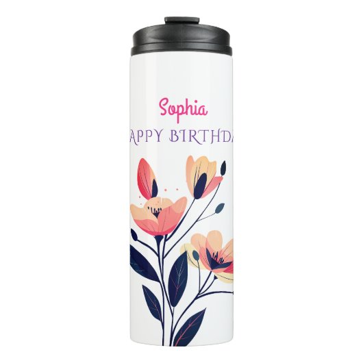 Bouteilles Isothermes Joyeux anniversaire, nom, Fleurs sur blanc (Devant)