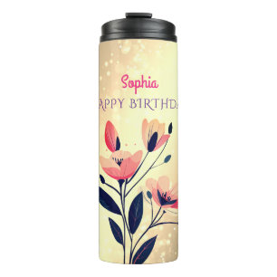 Bouteilles Isothermes Joyeux Anniversaire, Nom, Fleurs sur Or Gradient