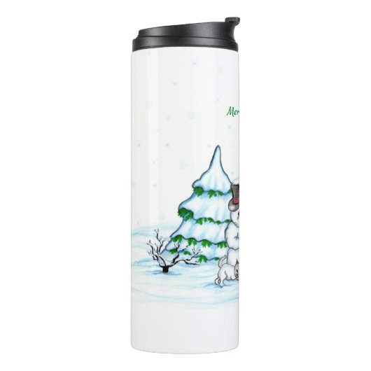 Bouteilles Isothermes Joyeux Noël ! Snowman avec chat et chiot (Tourné sur la gauche)